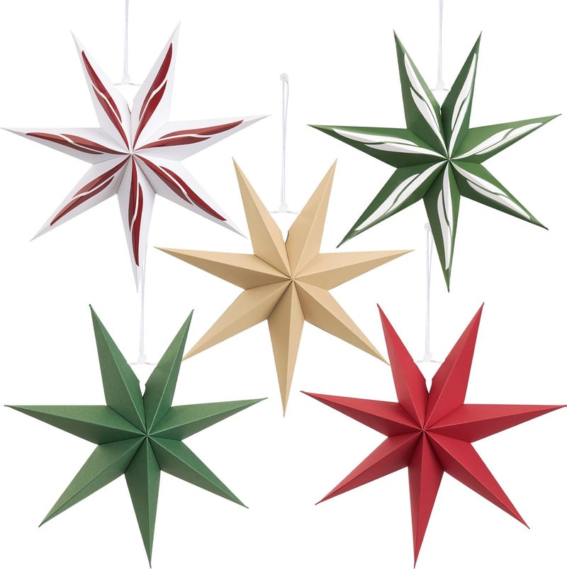 paper jazz 7-Point Paper Star Lanterns Christmas Decoration,Green and Red Christmas Hanging Ornament, Vintage Paper Star,5pcs Hanging Decor from Ceiling for Xmas,New Year,Birthday Party. - Image 1